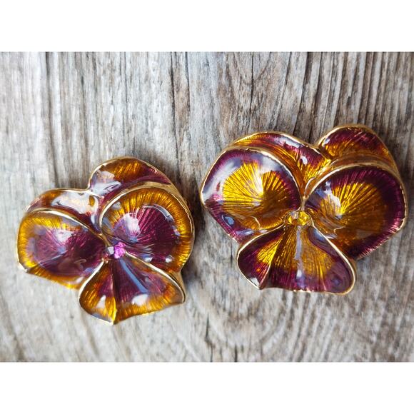 2 Vintage Joan Rivers Rhinestone Pansy Flower Guilloche Enamel Brooches - Picture 5 of 8